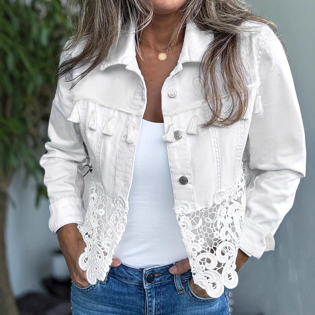 Lapel Hem Hollow-Out Patchwork Tassel Coat