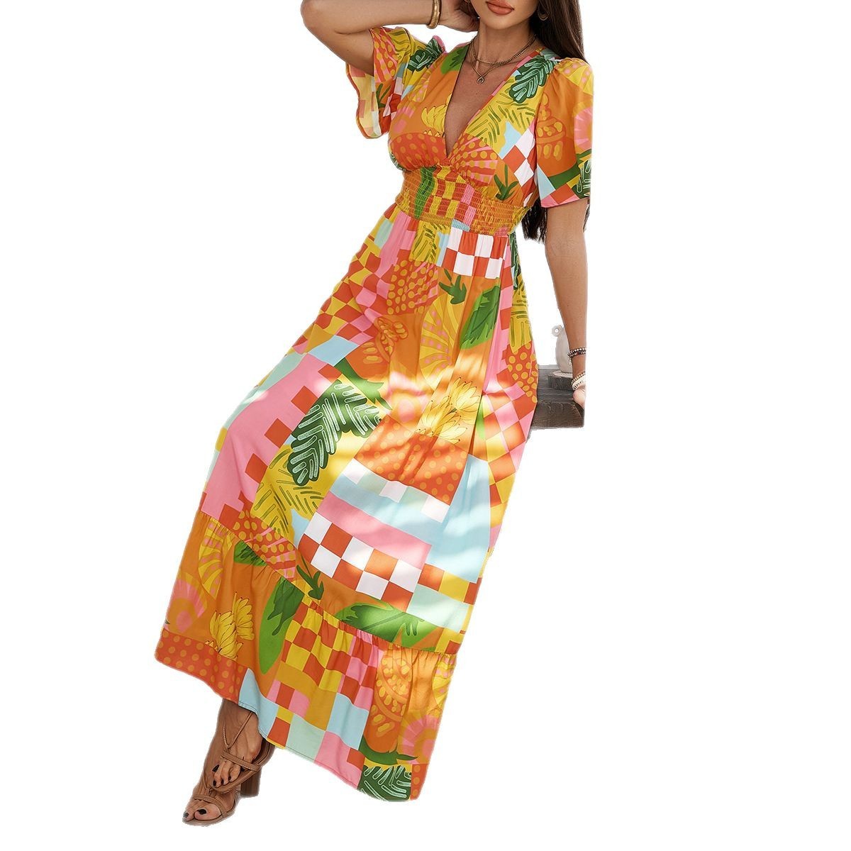 Casual Vacation Style Printed Contrast Color V-neck