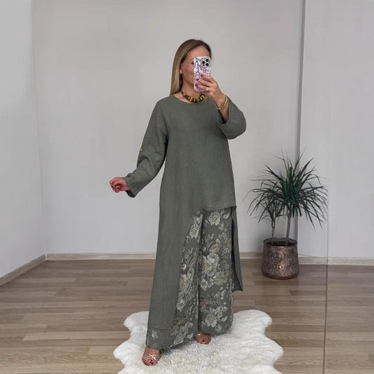 Women's Casual Cotton Linen Irregular Top Wide Leg Pants With Pockets Suit