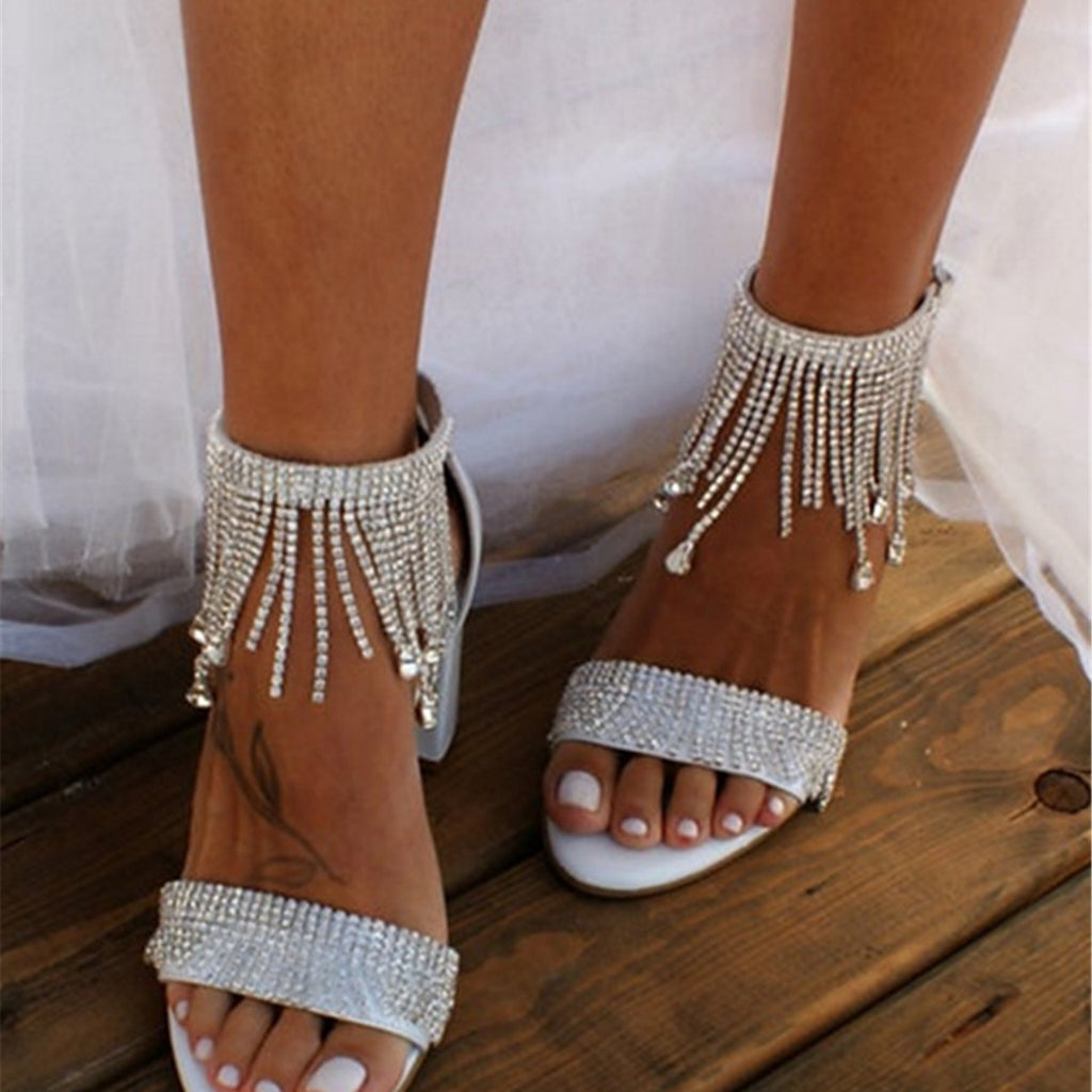 Womens Rhinestone-embellished Chain Strap Chunky Heel Sandals