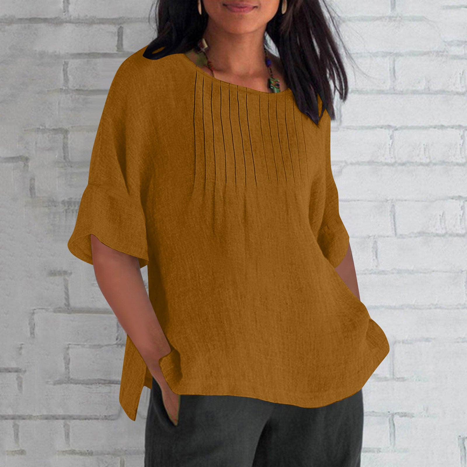 Three-quarter Sleeve Pleated Round Neck Cotton And Linen Shirt Top
