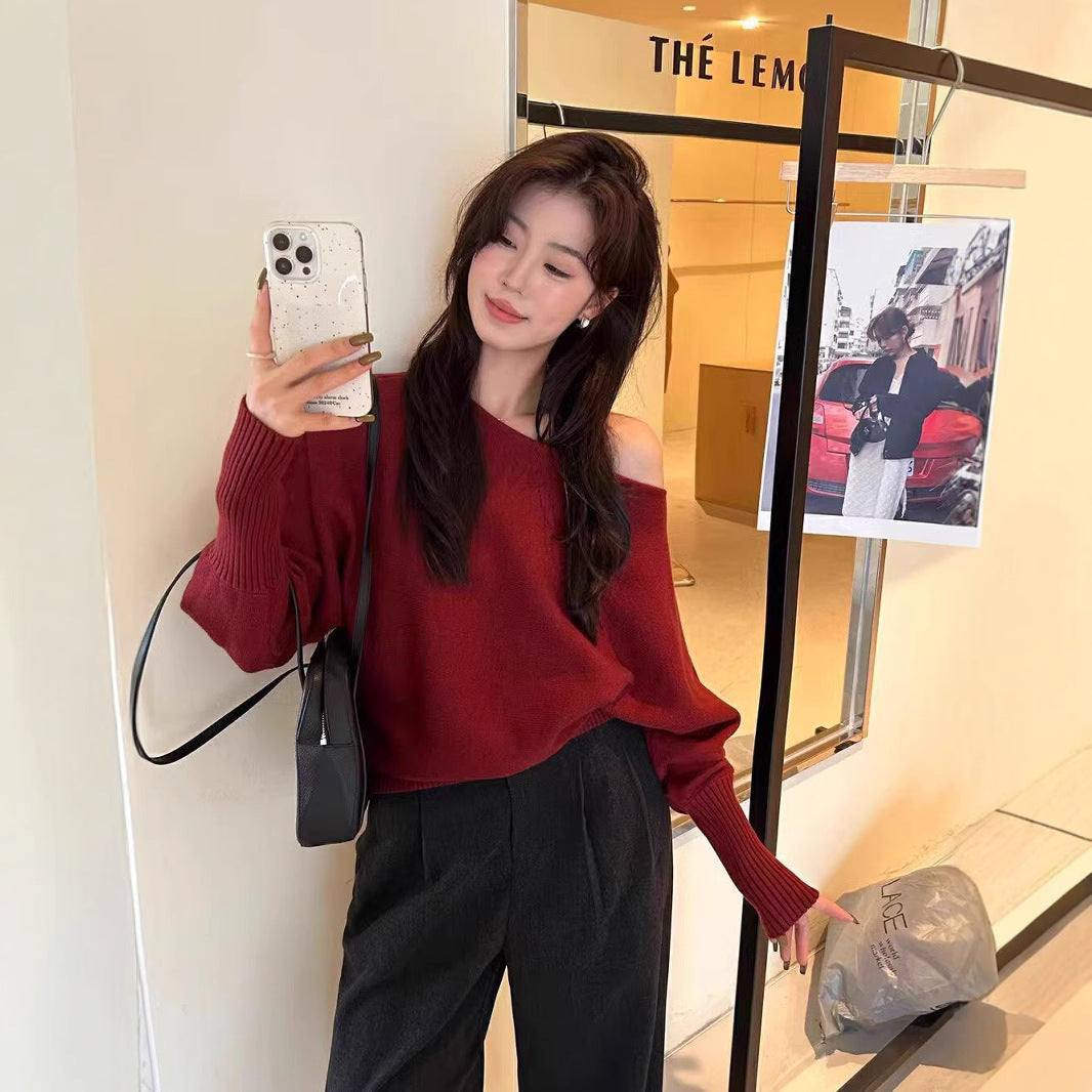 Korean-style Elegant Red Long-sleeve Knit Top With A Slanted Shoulder Design