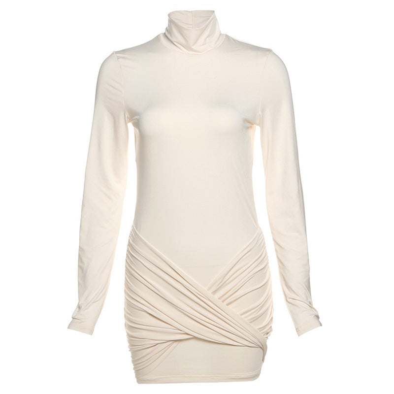 Women's Turtleneck Long Sleeve Pleated Backless Dress