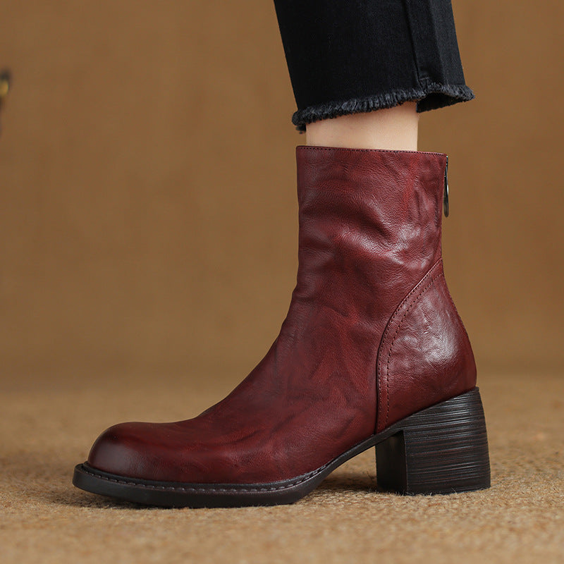 French-Style Retro Brown Round-Toe Ankle Boots