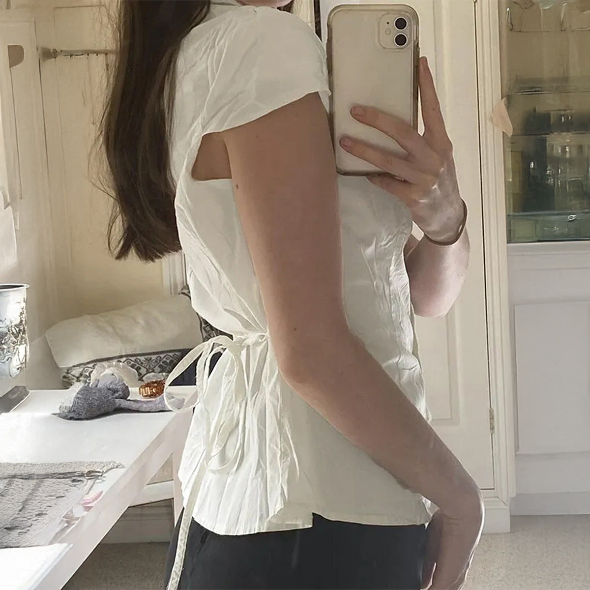 Pleated Stitching Lapel Short-sleeved Shirt Easy Matching Waisted Slimming College Top