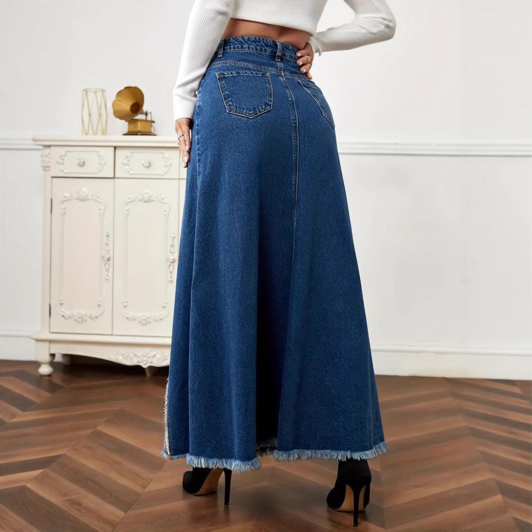 Womens Patchwork Denim Raw-Hem Skirt