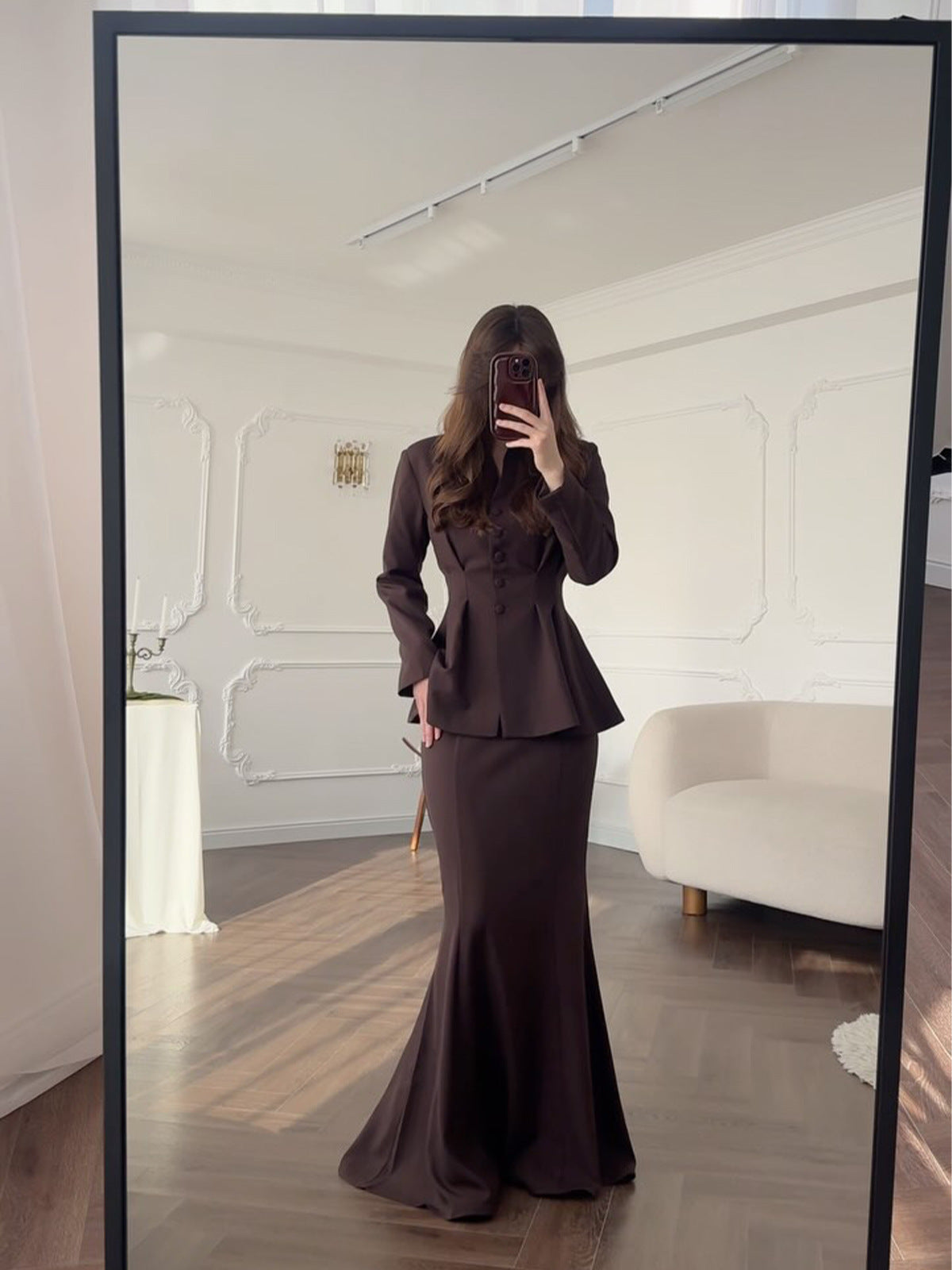 Retro Solid Color Long-sleeved Top High Waist Mid-length Dress Set