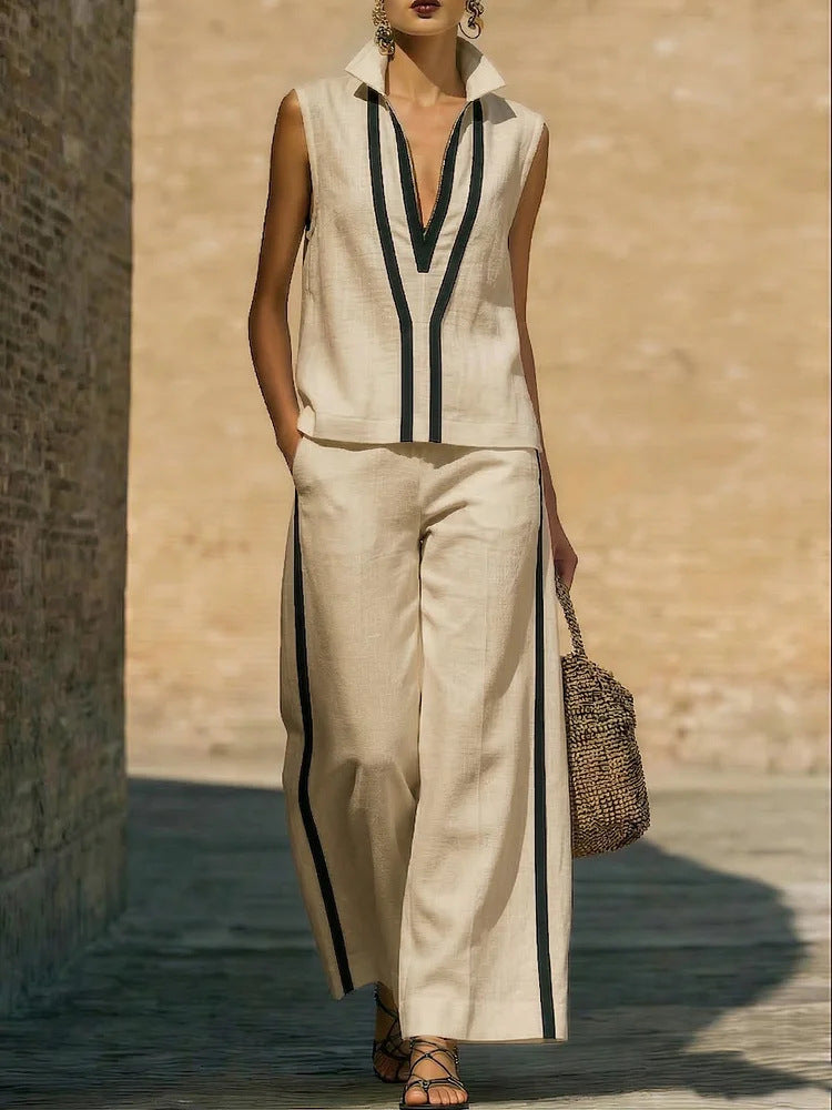 Contrasting-Color Sleeveless Single-Breasted Vest And Drawstring Pants Set