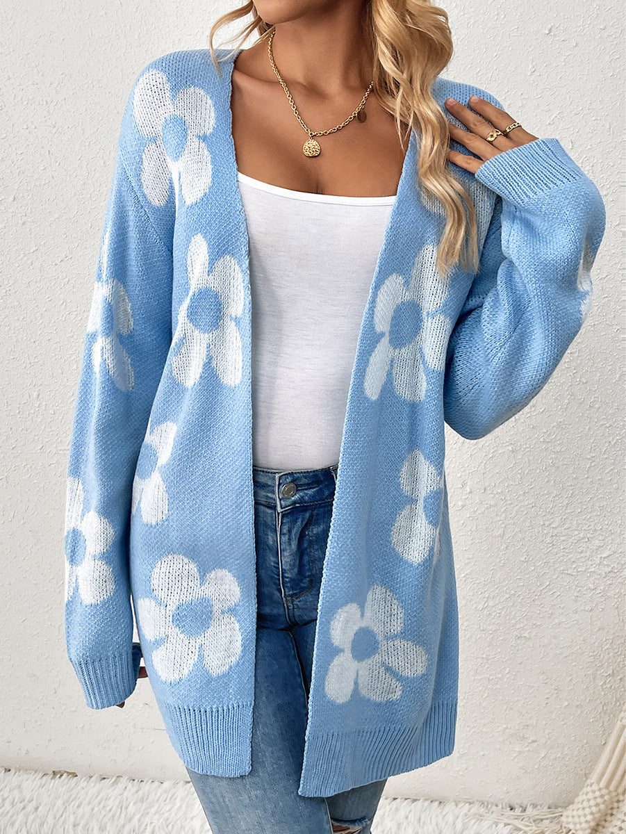 Mid-length Sweater Coat Women's Loose Flower V-neck Knitted Cardigan