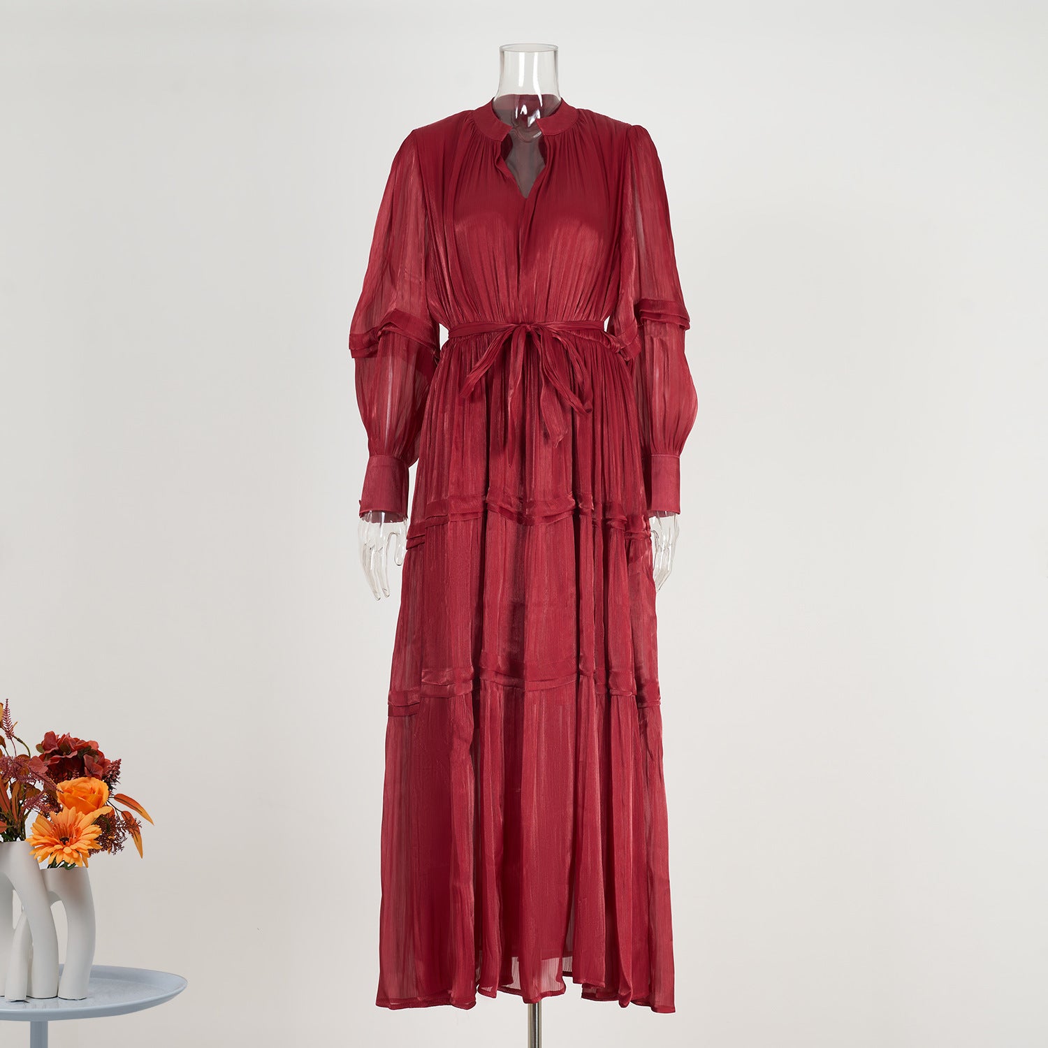 V-neck Lantern Sleeve Fitted Waist Pleated Long Silk Dress
