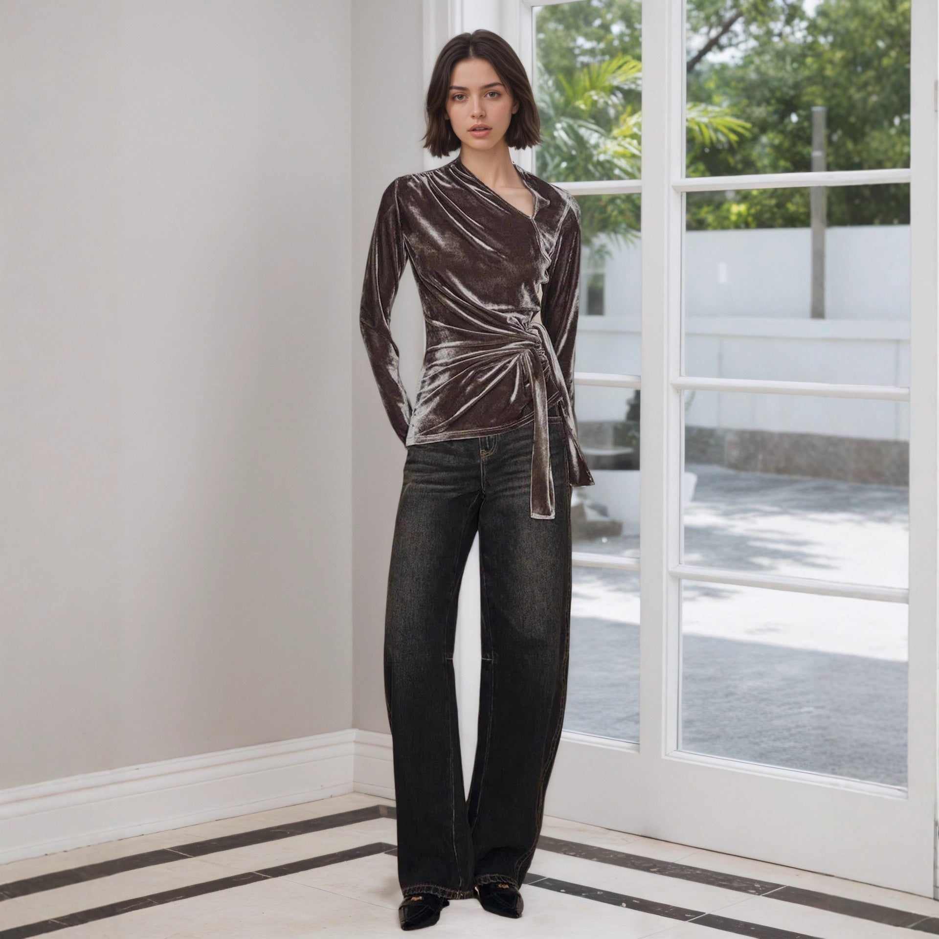 Half-open-collar Long-sleeve Base Shirt A Slim