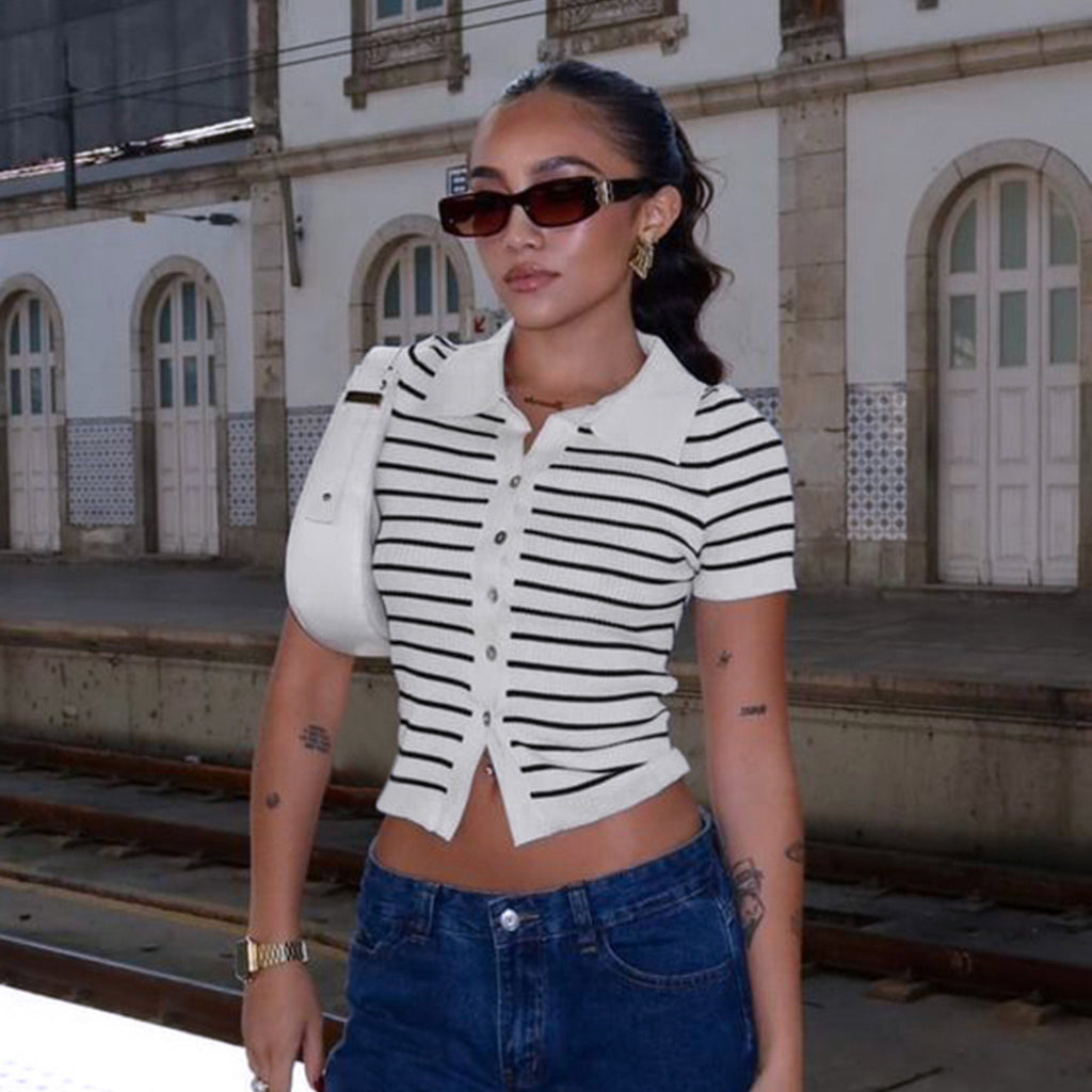 Contrast Color Striped Wool Short Sleeve Single Row Button Cardigan Top Women