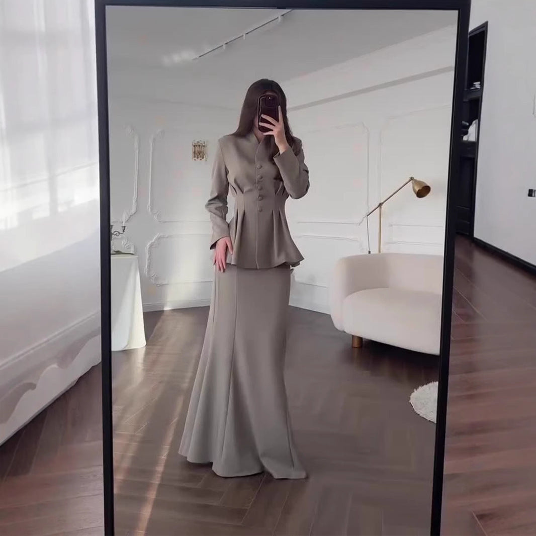 Retro Solid Color Long-sleeved Top High Waist Mid-length Dress Set