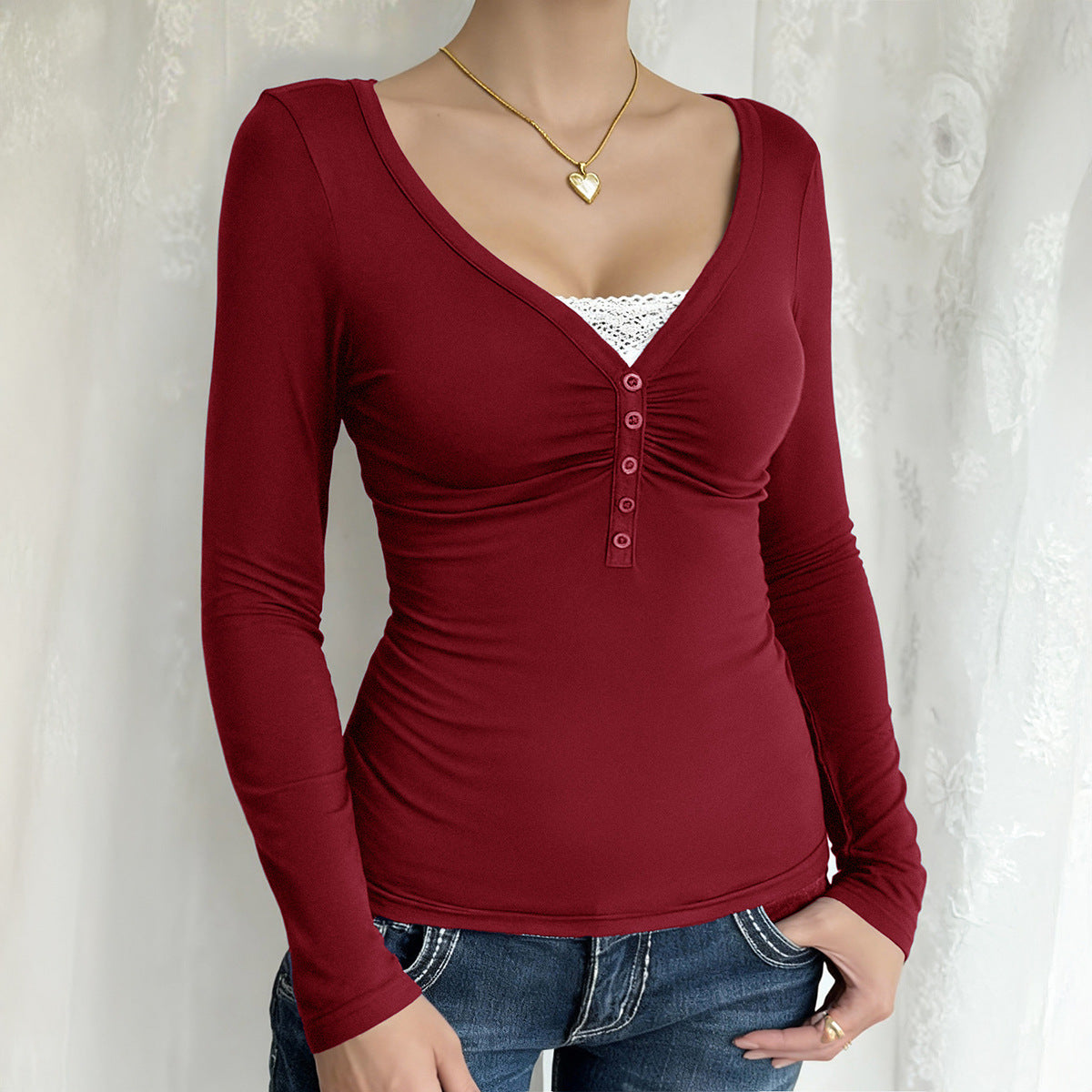 Womens Casual Patchwork Lace Long-Sleeve Top