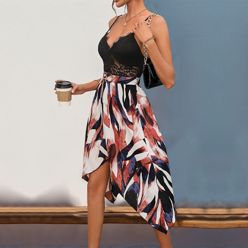 V-neck Strap Irregular Skirt Lace Dress