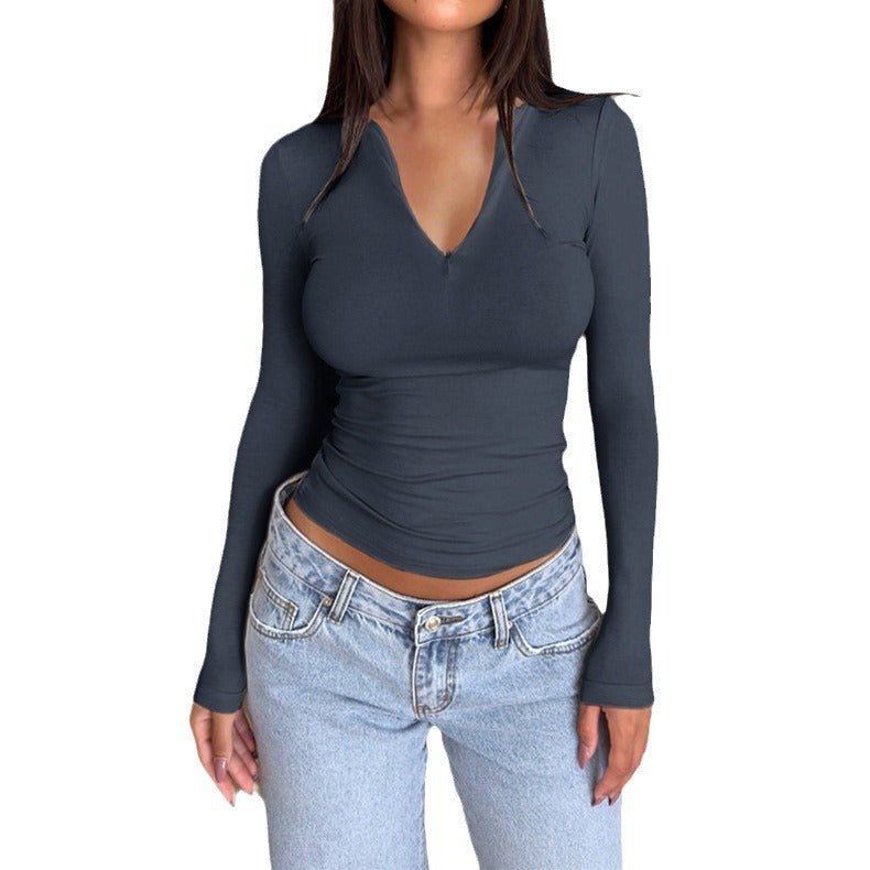 Long Sleeve Zipper V-neck Base Bm Top