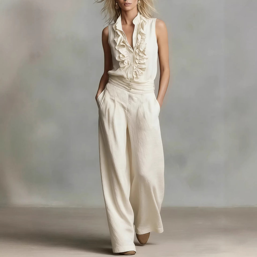 Linen-blend Sleeveless Shirt And Wide-leg Pants Set