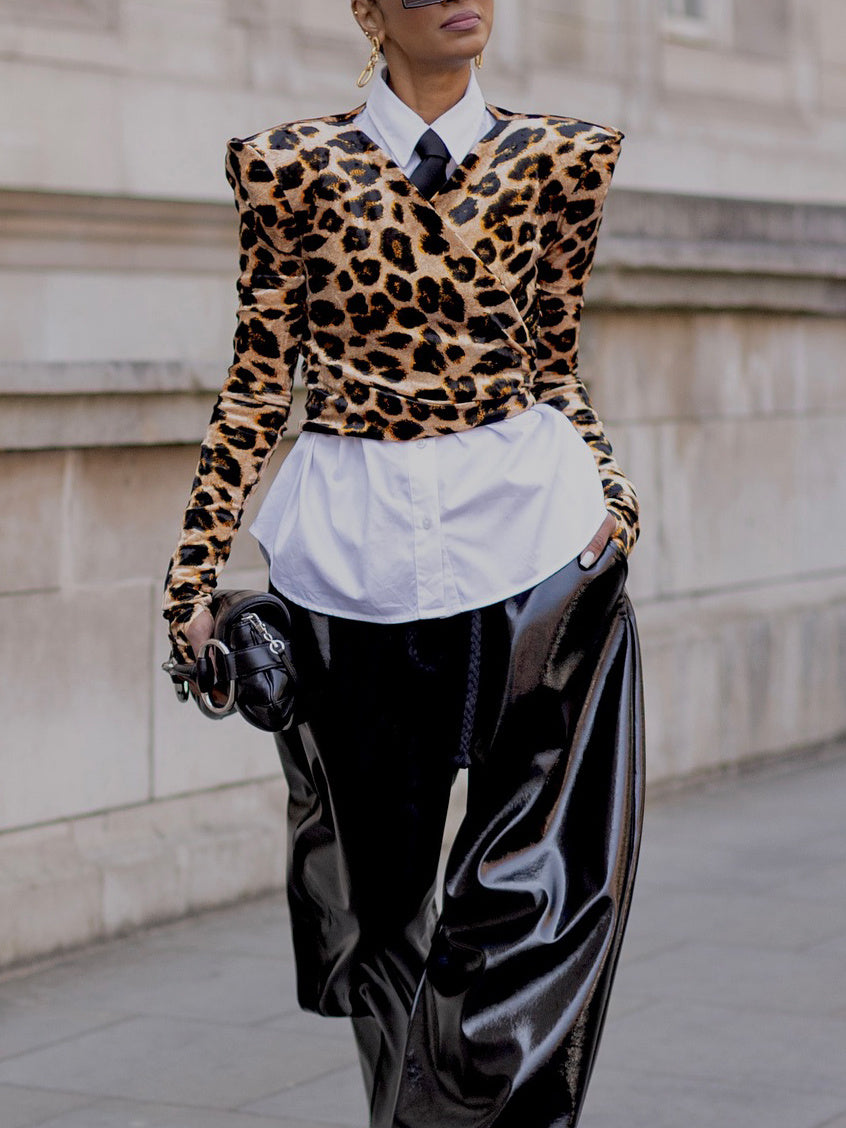 Leopard Print V-neck Top White Shirt Two-piece Set