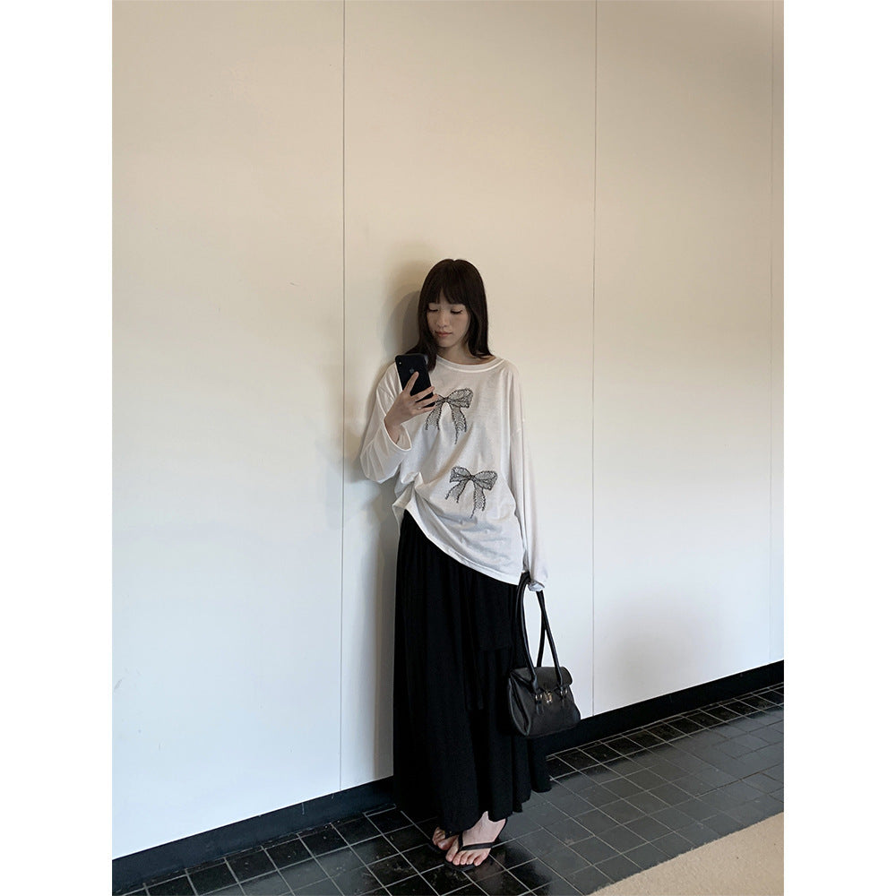 Bow Print Long-sleeved T-shirt Women's Thin Loose Top