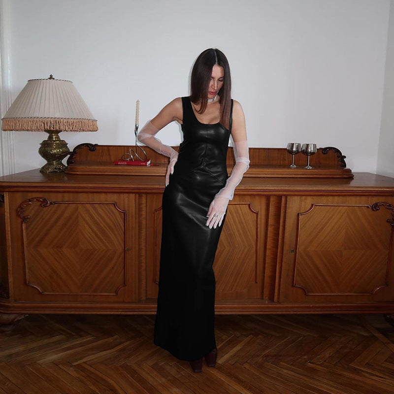 Elegant U-collar Backless Slim Fit Split PU Leather Dress Women