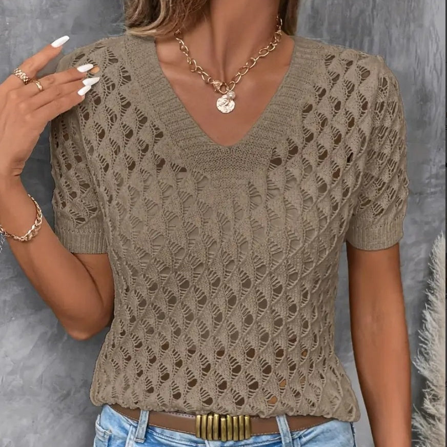 Best Selling Knitted V-neck Short-sleeved Top Hollow Out