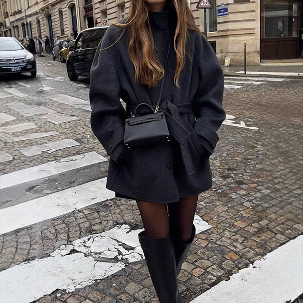 Womens Wool Coat With Belt Mock Neck And Solid Color