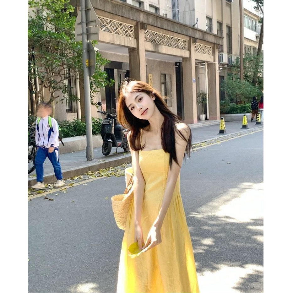 Small Yellow Gallus Dress Women's Clothing Summer New Waist-tight Temperament Long Dress Seaside Vacation Skirt