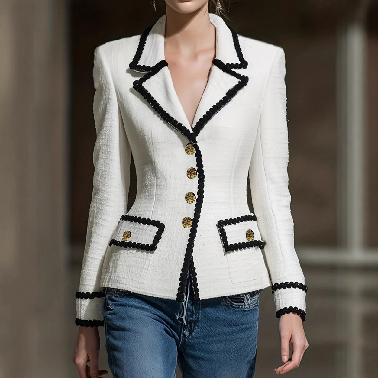 New Womens Elegant Tweed Blazer With Lace Trim