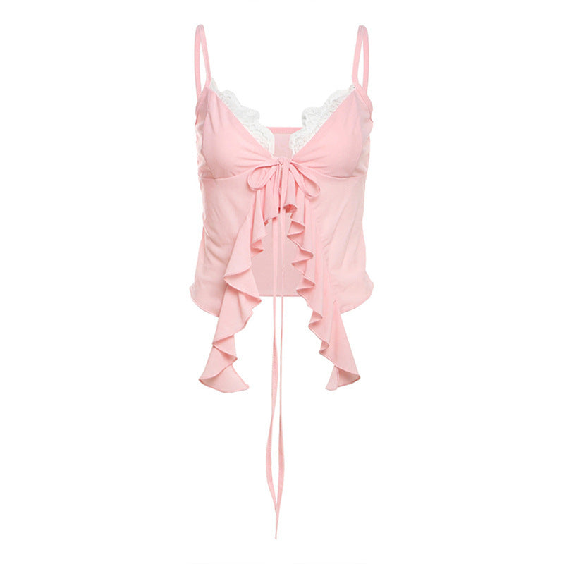 V-neck Brace Contrast Color Lace Design Short Lace-up Vest