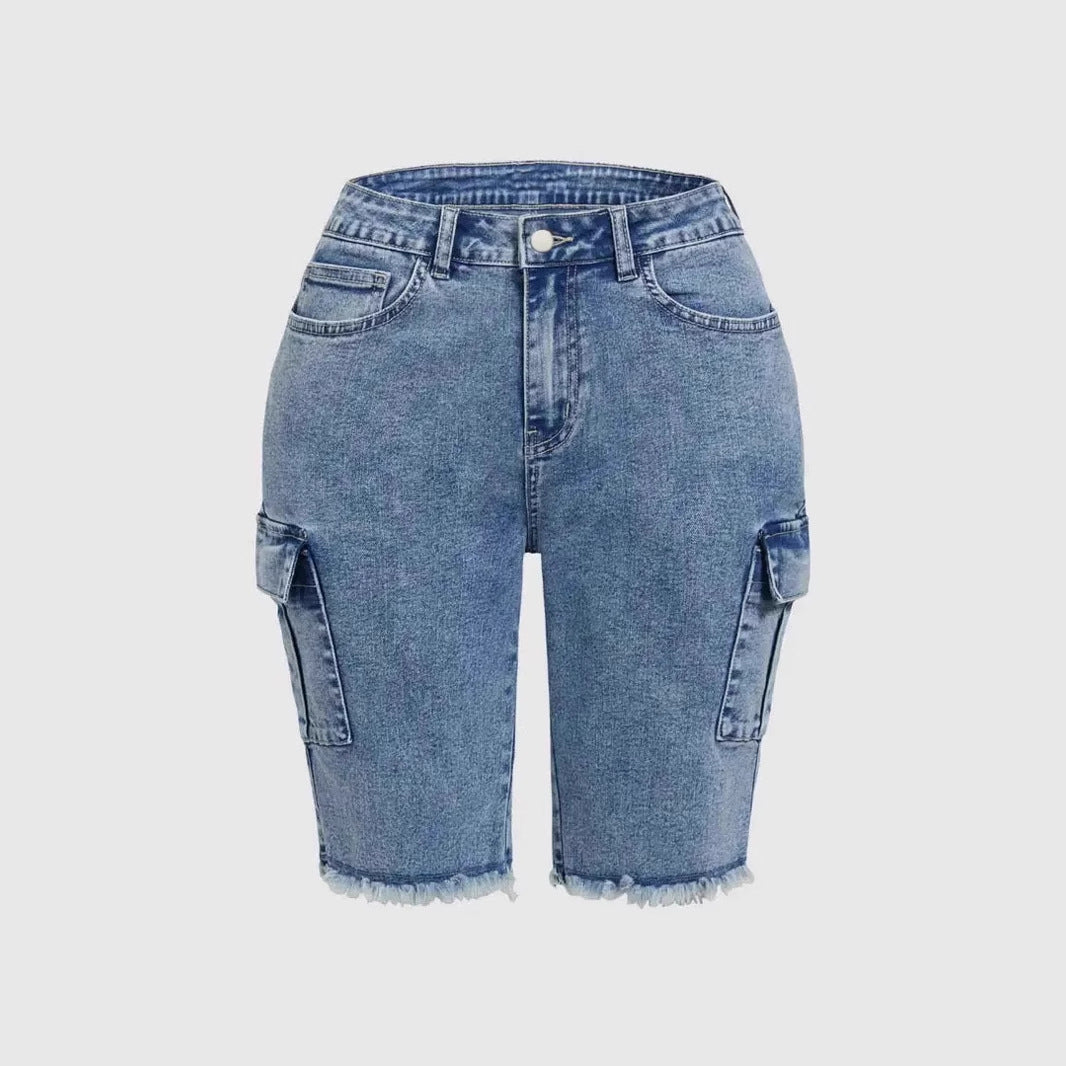 Stretch-washed High-rise Denim Shorts With Side Pockets And A High Stretch Factor
