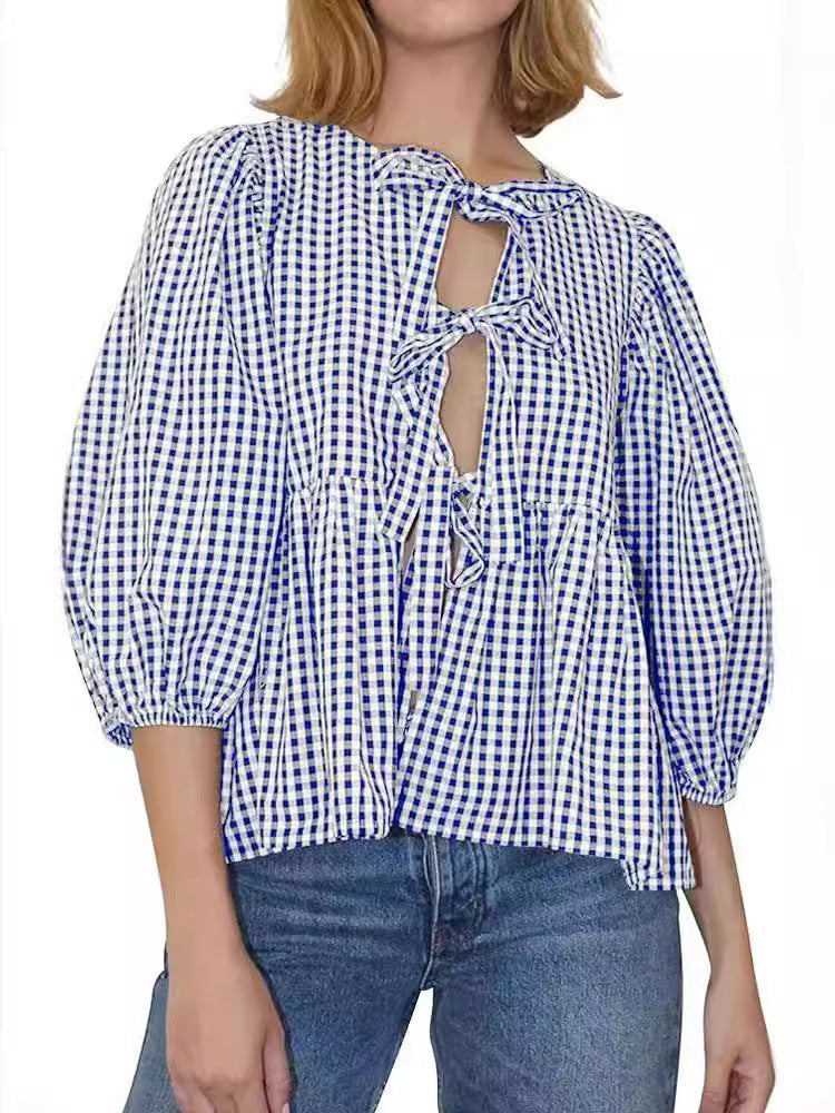 Spring And Summer New Women's Sweet And Casual Round Neck Bubble Sleeve Tied Striped Shirt