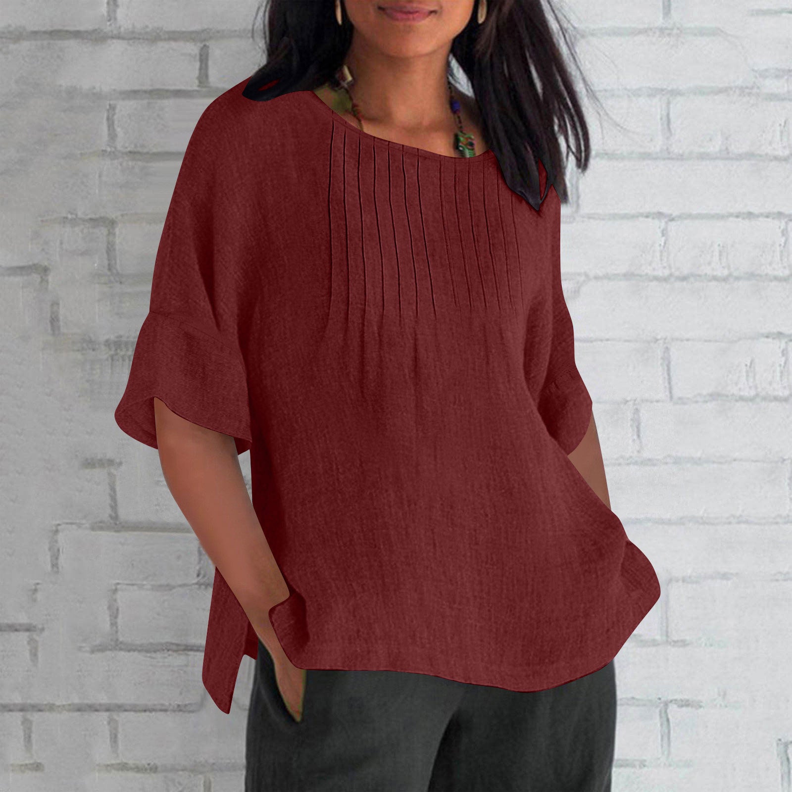 Three-quarter Sleeve Pleated Round Neck Cotton And Linen Shirt Top