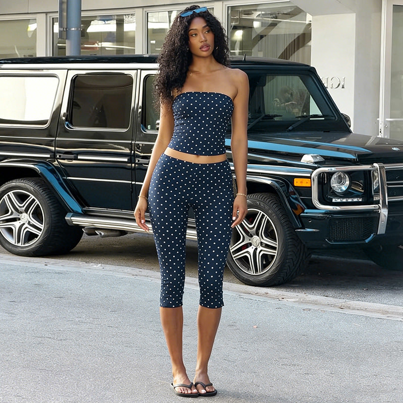 Tube Top Polka Dot Top And Cropped Pants Set