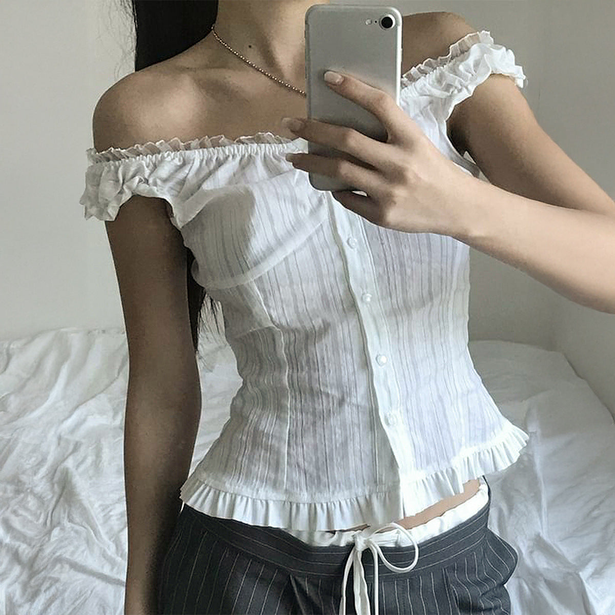 T-shirt Stitching Breasted Waist Slimming Hot Girl Temperament Top Women's Clothing
