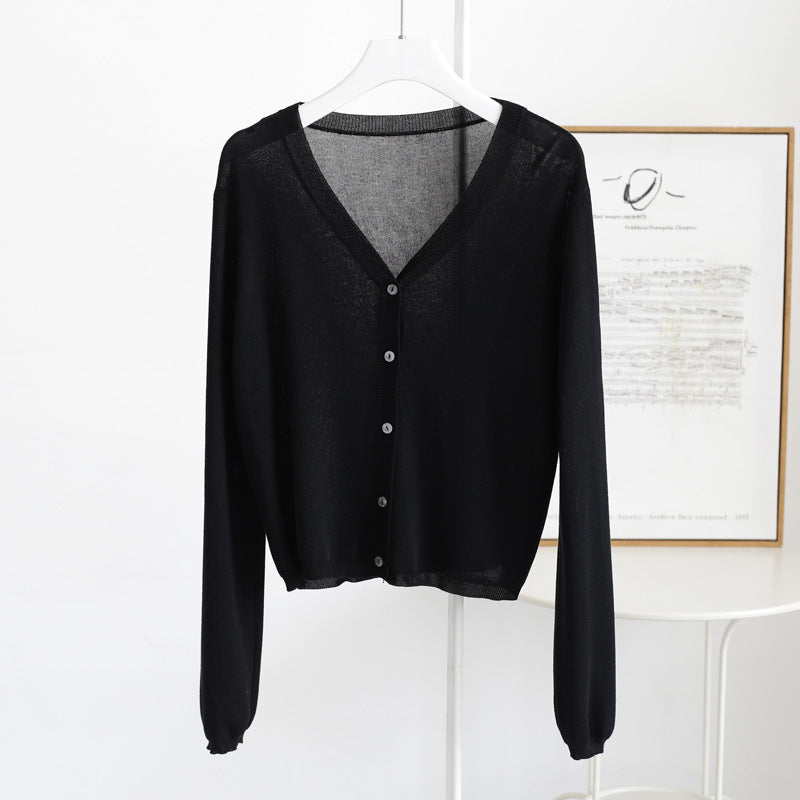 Spring And Summer V-neck Short Tencel Knitted Cardigan Pure Color All-matching