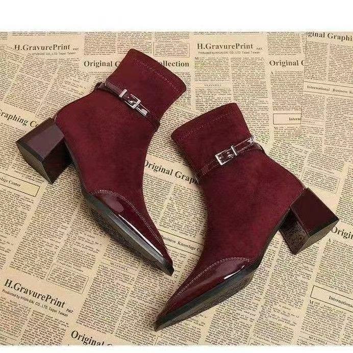 Retro French British Style Black Square Toe Leather Suede Ankle Side Zip Boots