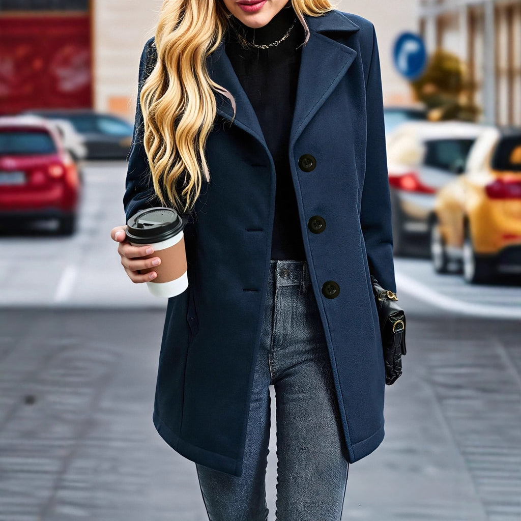 Womens French-Style Vintage Notch-Collar Wool Coat Relaxed Fit