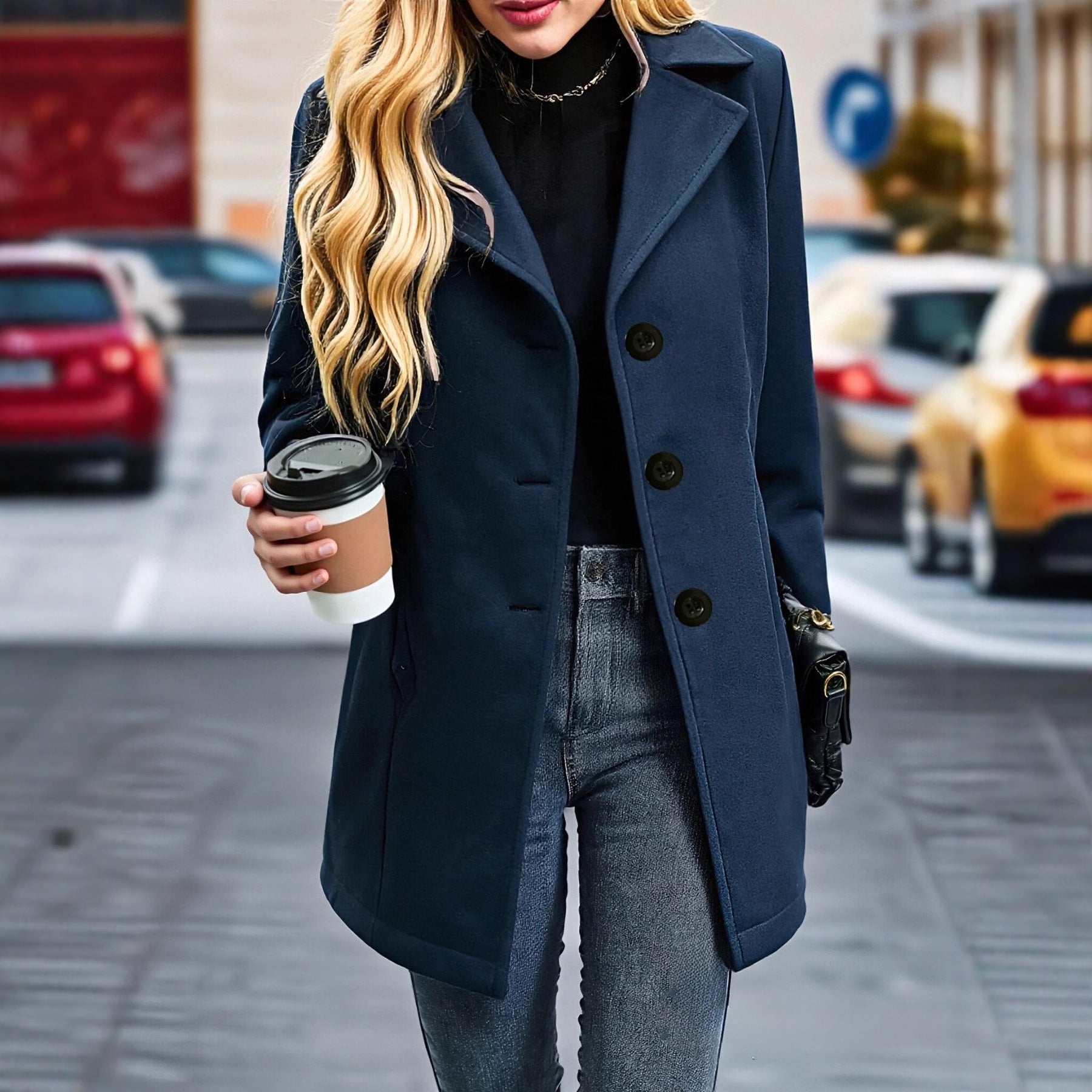 Womens French-Style Vintage Notch-Collar Wool Coat Relaxed Fit