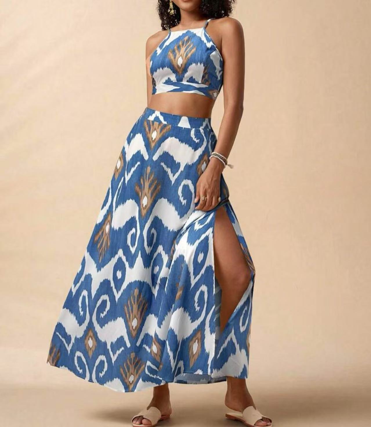 Holiday Floral Print Elegant Two-piece Set Overall Dress Set