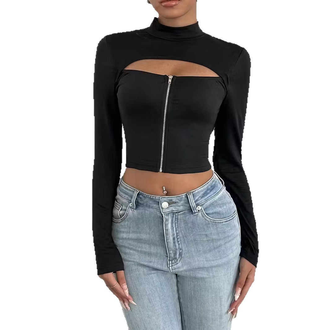 Elegant High-neck Zip-up Long-sleeve Stretch Top