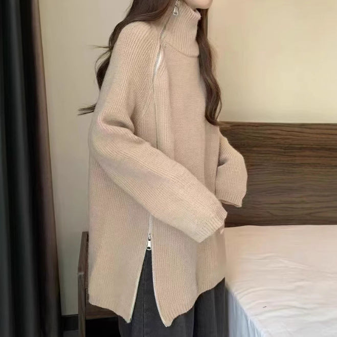 Loose, Mid-Length Effortless-Style Knitted Sweater For Women With Side Zipper And Lapel Design