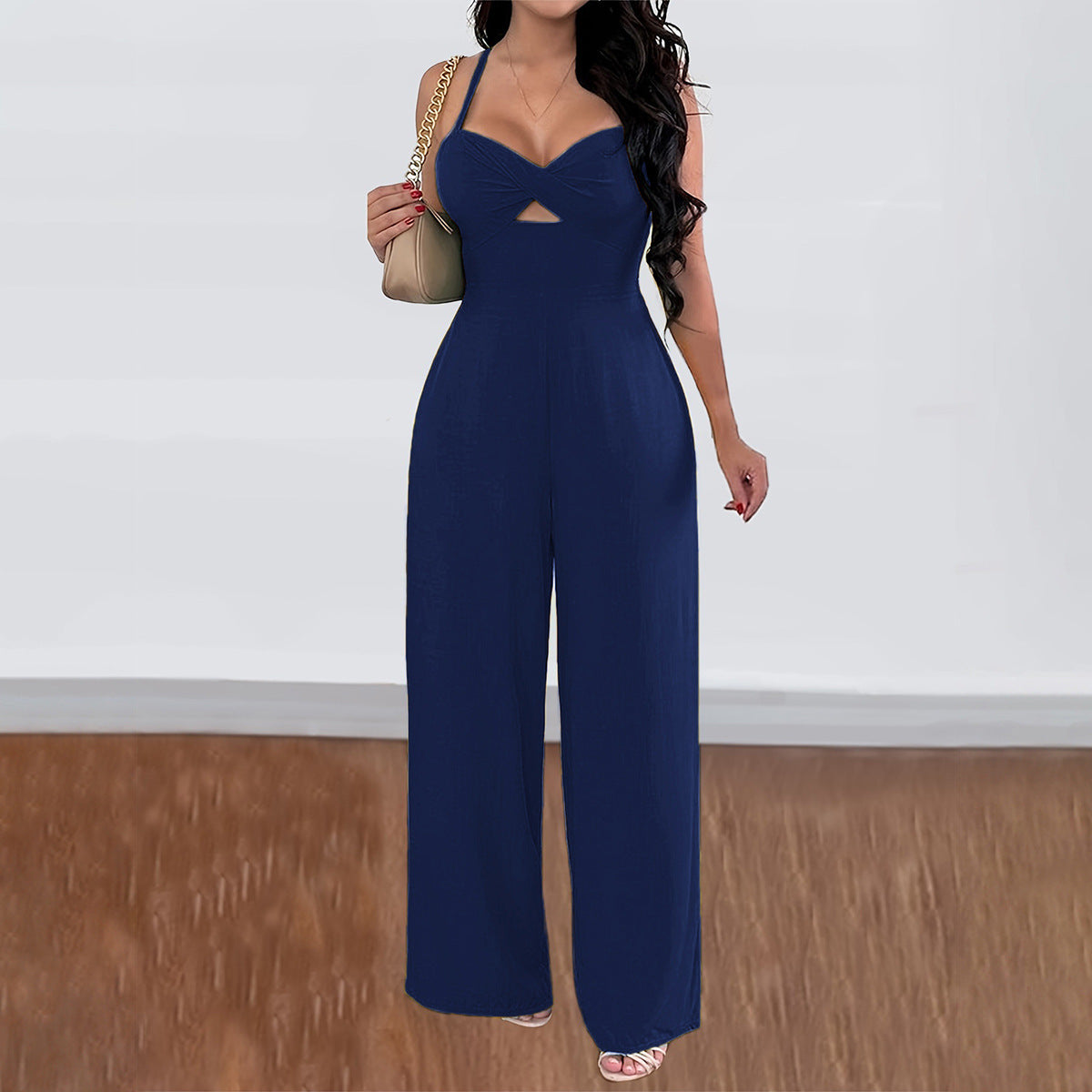 Leisure Vacation Commute Style Solid Color Sling Wide Leg Jumpsuit For Women