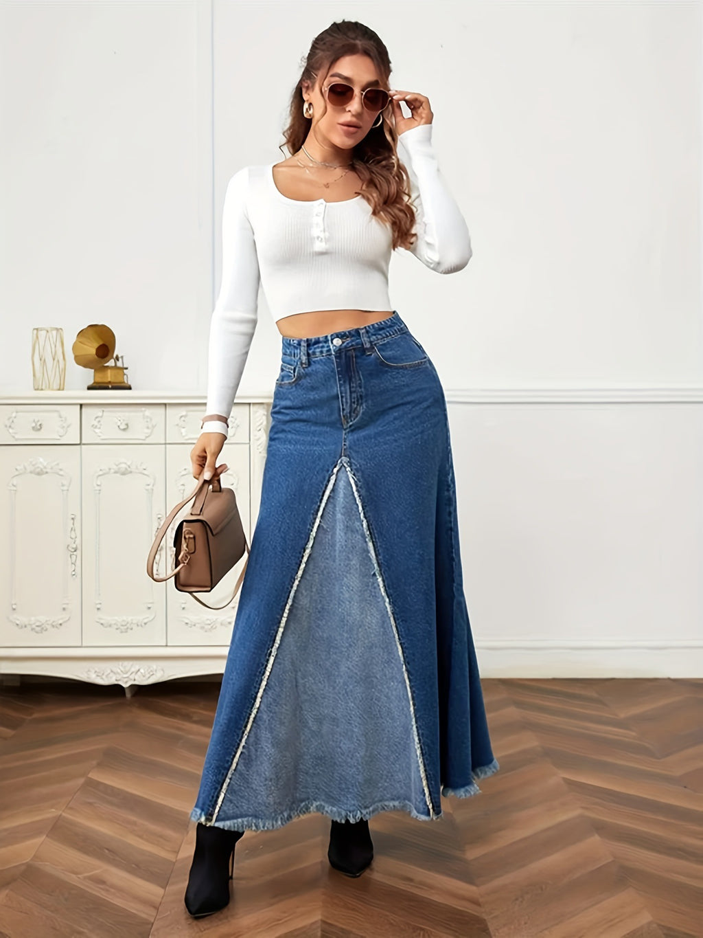 Womens Patchwork Denim Raw-Hem Skirt