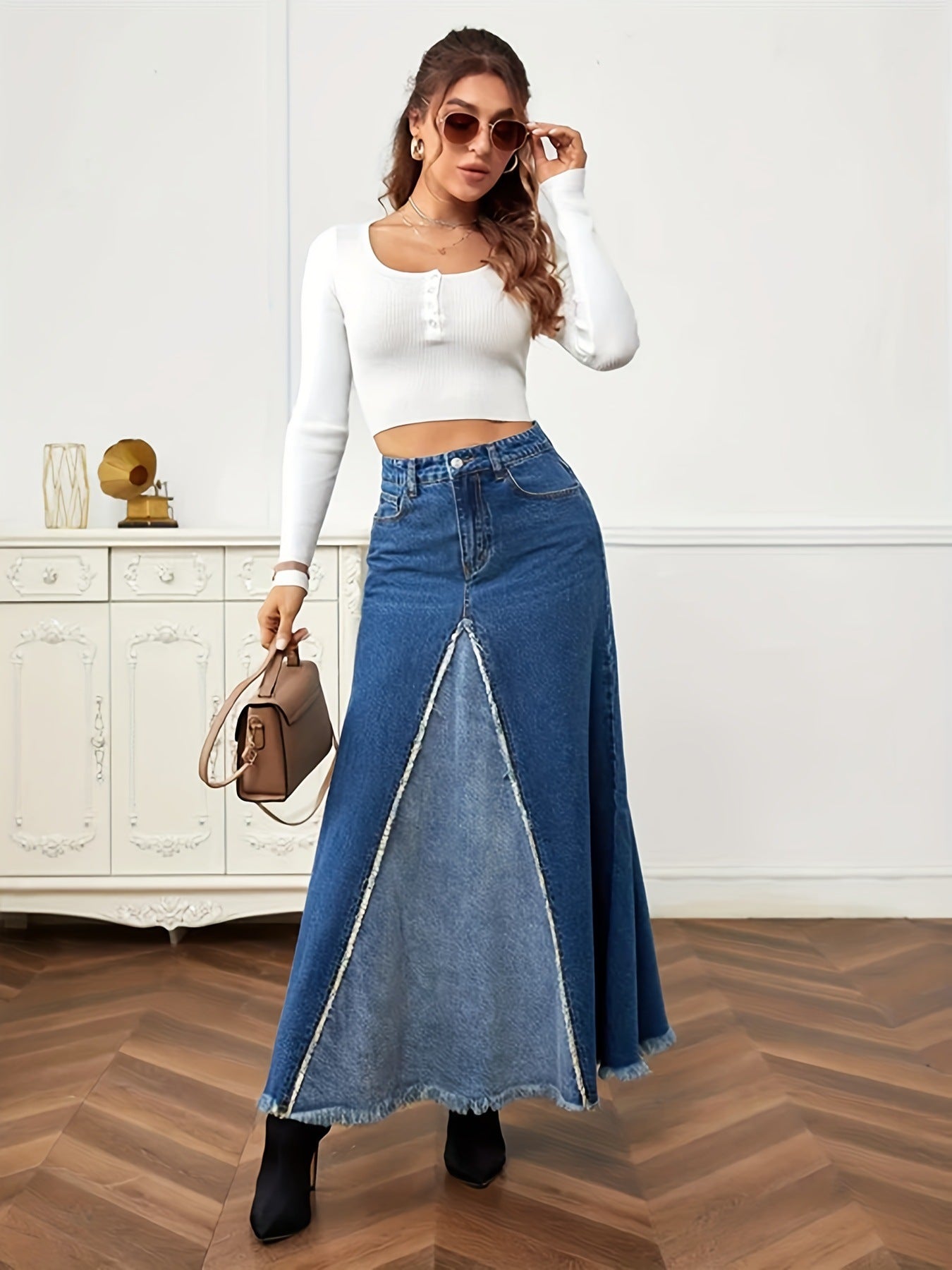 Womens Patchwork Denim Raw-Hem Skirt