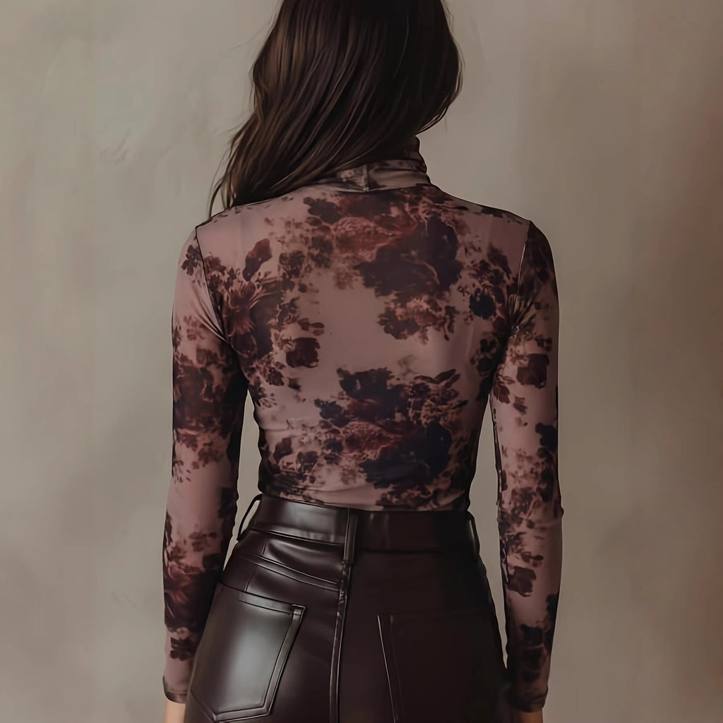 Retro Floral Print High-Neck Mesh Long-Sleeve Slim-Fit Base Top