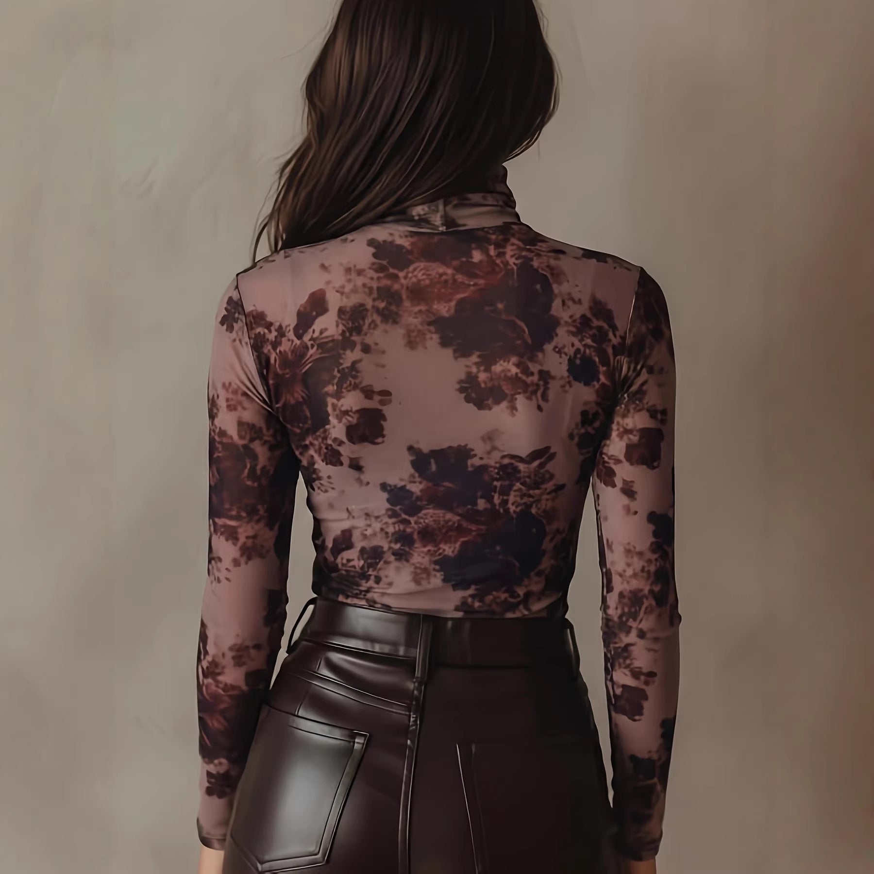 Retro Floral Print High-Neck Mesh Long-Sleeve Slim-Fit Base Top