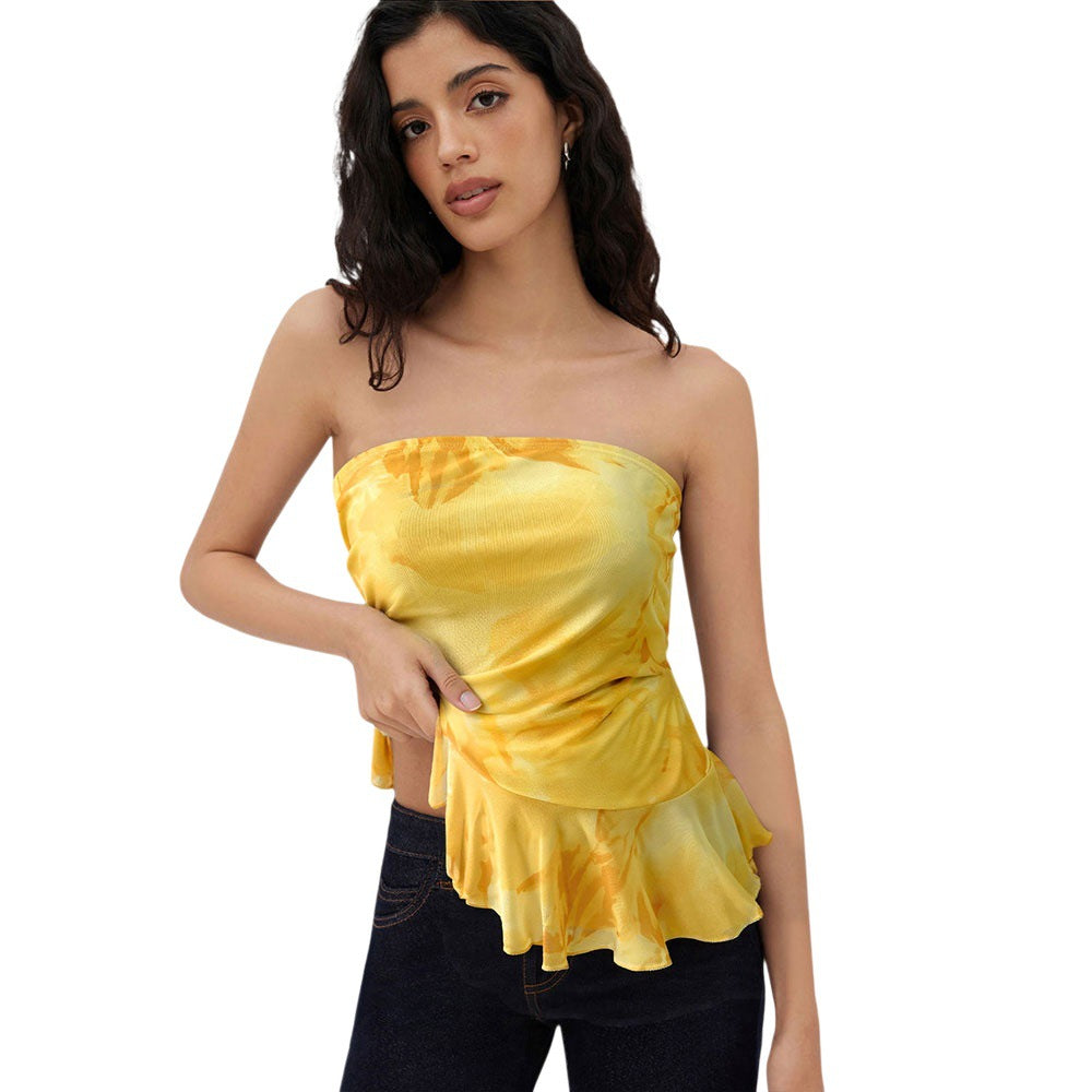Womens Off-the-Shoulder Ruffled Tube Tie-Dye Vest Top