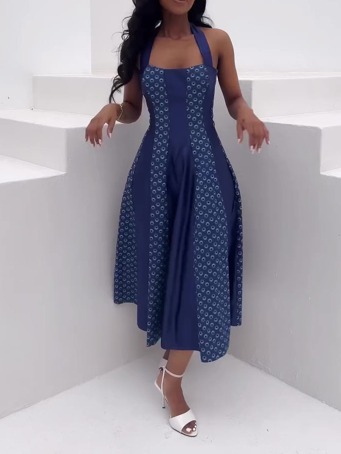 Royal Blue Geometric Print Halter Neck Waist-Cinching Flared Midi Dress