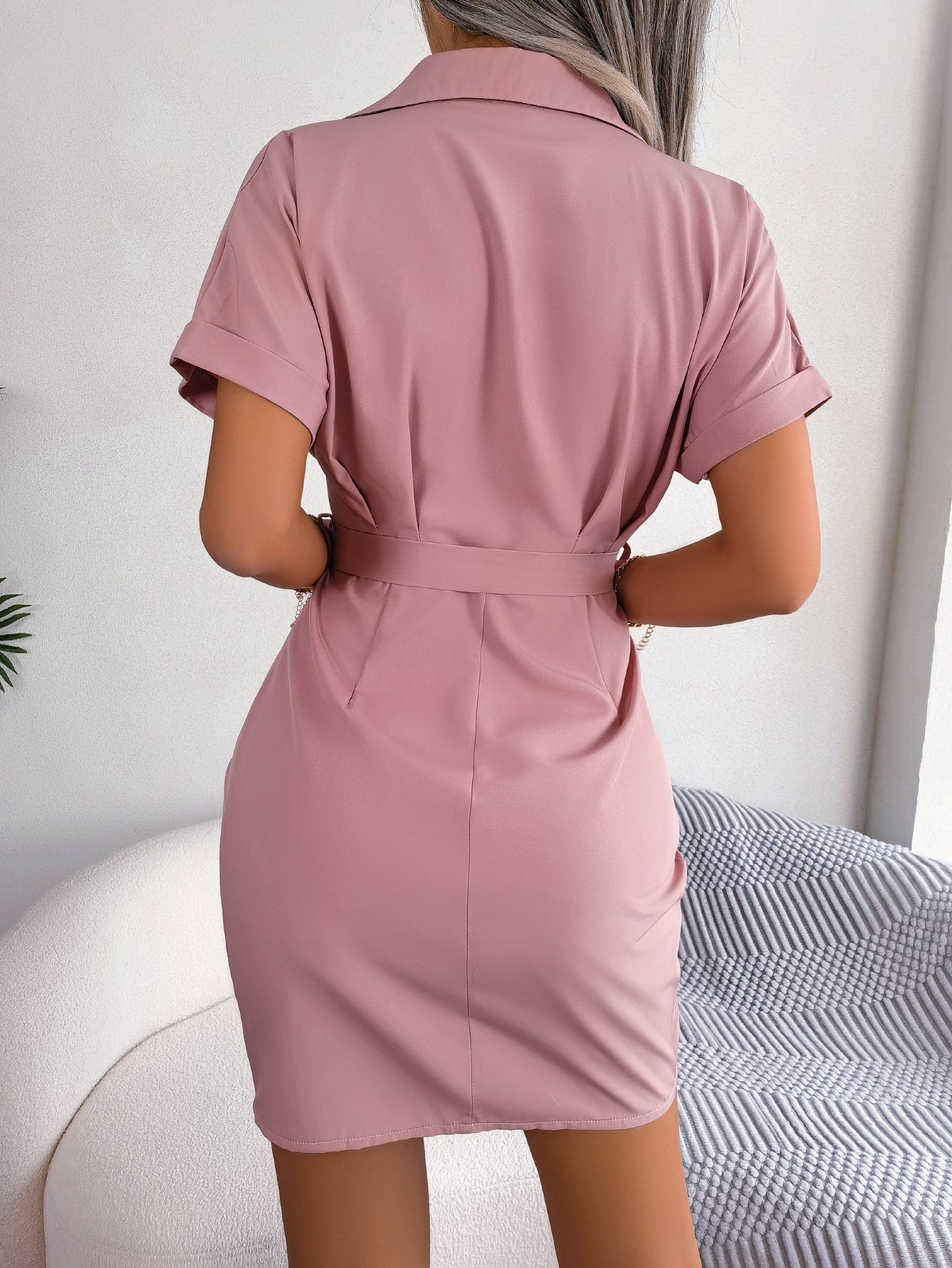 Casual Solid Color Batwing Sleeve Tie Waist Crinkled Shirt Dress