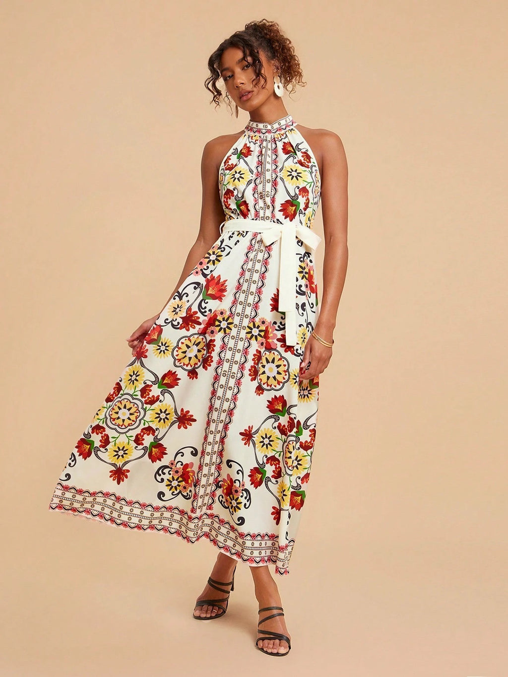 Women's Floral Print Lace-up Sleeveless Mid-length Dress